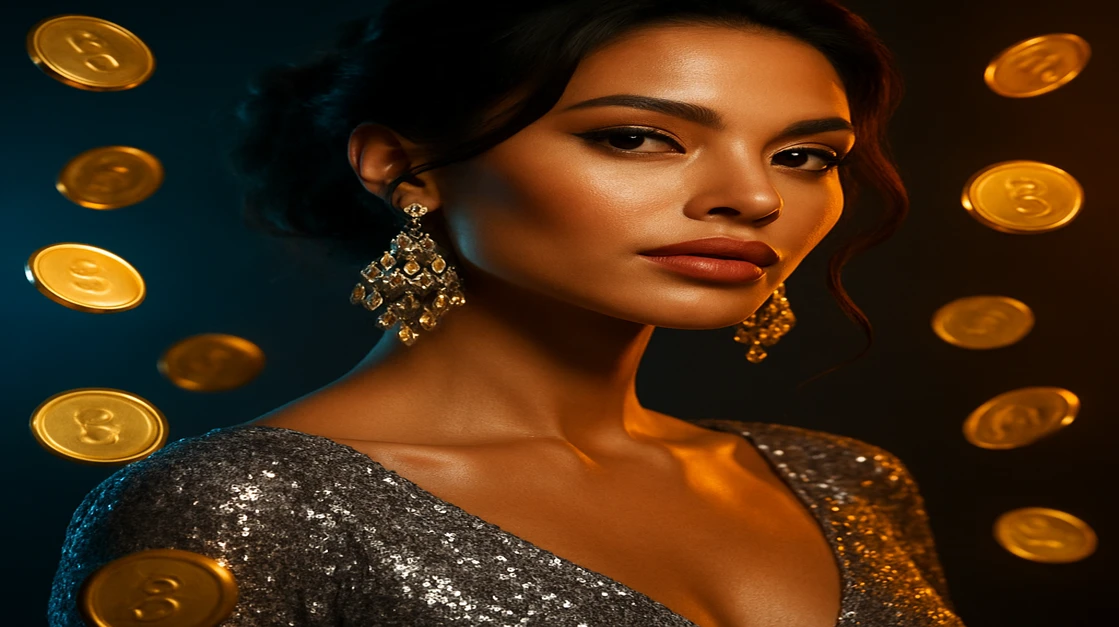 ঝলমলে পোশাক পরা এক গ্ল্যামারাস নারী, ভাসমান সোনালি মুদ্রা ও জ্বলন্ত kv8 গেমিং প্ল্যাটফর্ম থিম-ভিত্তিক পটভূমি সহ।
